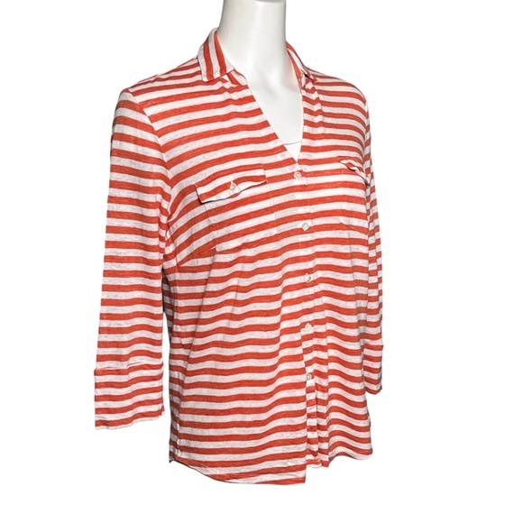 J. McLaughlin Brynn Top Red-Orange Striped Knit Linen Button Up Shirt Size M - Picture 4 of 9